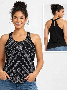 Lucky Brand Black Aztec Embroidered Racerback Tank Top M Boho Festival Southwest